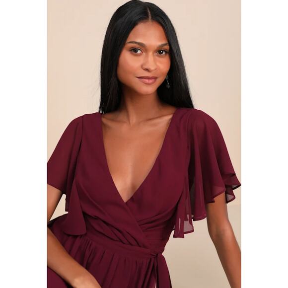 NEW Lulus Convincing Grace Burgundy Flutter Sleeve Wrap Maxi Dress - Picture 4 of 13